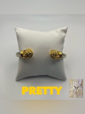 Silver Tone Rope Design Cuff Bracelet With Gold Lion Head Caps